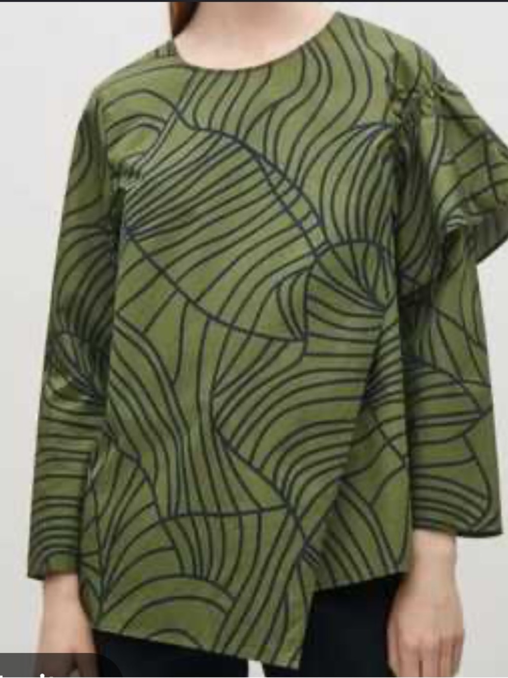 COS Olive Green Tunic with Navy Linear Print Long Sleeve Blouse Size 10